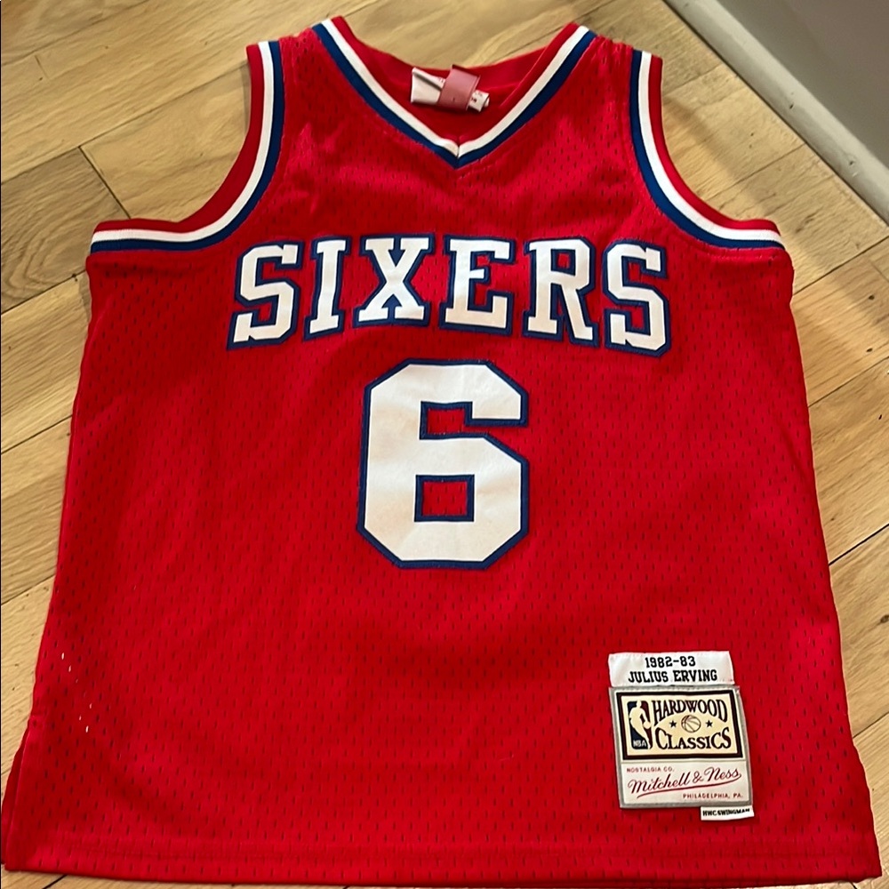 Mitchell & Ness Red Sixers Jersey with White and Blue